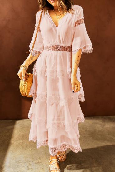 Elegantna midi haljina s prozirnim čipkastim umetcima Tiziana, ružičasta