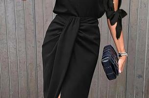 Elegantna haljina s okruglim ovratnikom 3/4 rukavima s prorezom i ukrasnim perlicama Peppina, crna
