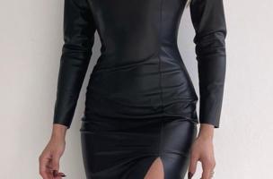 Elegantna mini haljina od umjetne kože sa prorezom Urania, crna