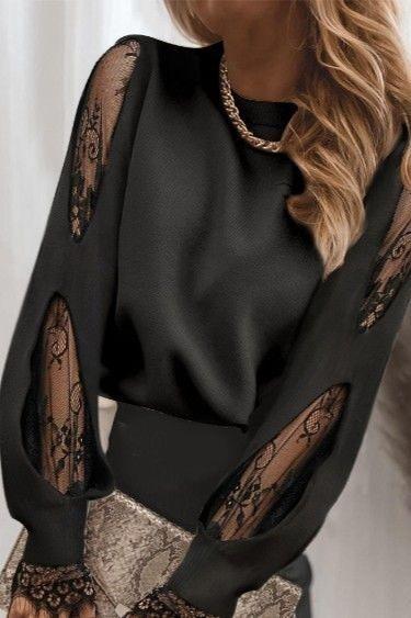 Elegantna bluza dugih rukava s čipkastim detaljima i okruglim ovratnikom Senternada, crna