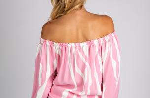Široka bluza s otvorenim ramenima i trakama za vezanje Inessa, bijelo-ružičasta