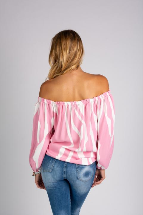 Široka bluza s otvorenim ramenima i trakama za vezanje Inessa, bijelo-ružičasta