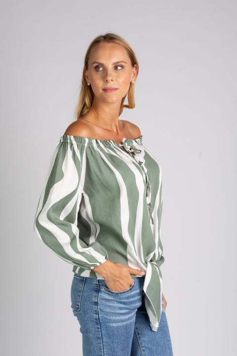 Široka bluza s otvorenim ramenima i trakama za vezanje Inessa, bijelo-maslina