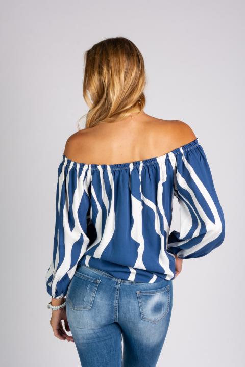 Široka bluza s otvorenim ramenima i trakama za vezanje Inessa, plava i bijela