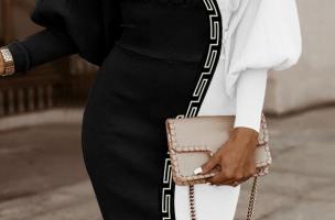 Elegantna midi haljina s uzorkom, crno-bijela