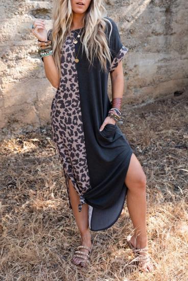 Elegantna maxi haljina s uzorkom leoparda, crna