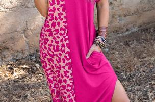 Elegantna maxi haljina s uzorkom leoparda, roza