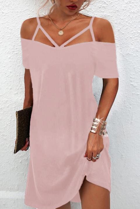 Elegantna mini haljina kratkih rukava, otvorenih  ramena i naramenica Cecina, roza