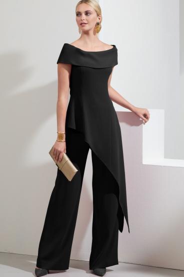 Elegantni asimetrični komplet majice i hlača, crni