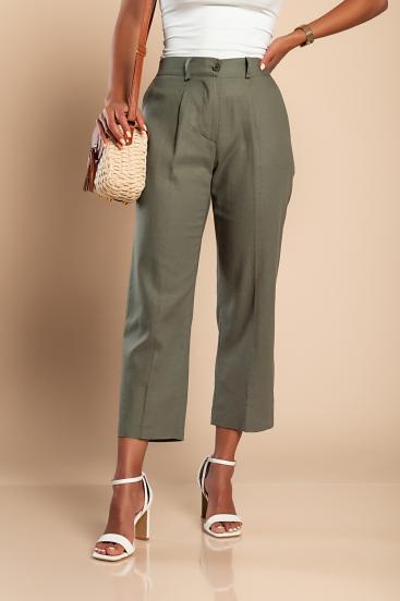 Elegantne lanene hlače, maslinasto zelene