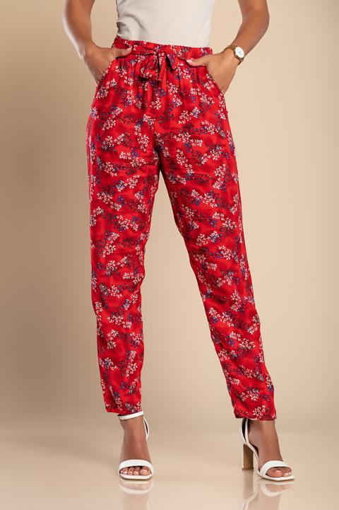 Duge pamučne hlače s cvjetnim uzorkom, crvene