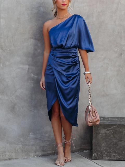Elegantna midi haljina s jednim ramenom i prorezom Tirrenia, plava