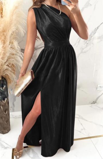 Elegantna maxi haljina od imitacije baršuna, crna