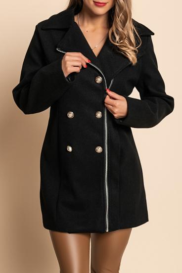 Elegantan kaput s gumbima i patentnim zatvaračem, crni
