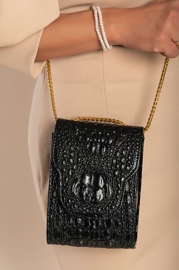 Mala torbica s uzorkom krokodilske kože, crna