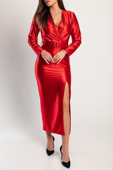 Elegantna midi haljina od imitacije satena, crvene boje