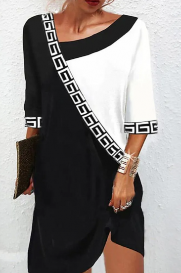 Elegantna haljina sa geometrijskim uzorkom, crno-bijela
