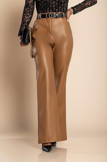 Elegantne duge hlače od imitacije kože, boje deve