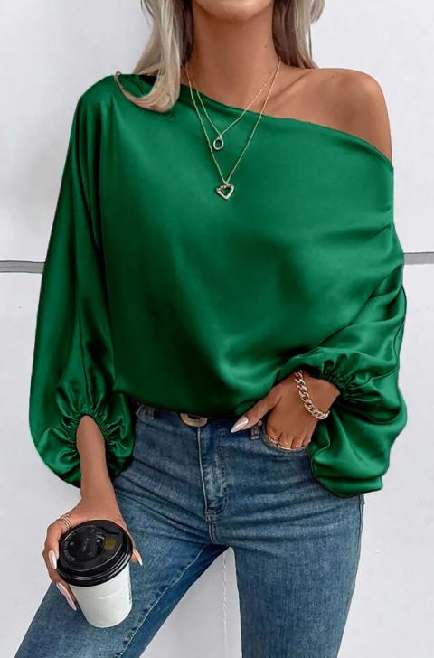Elegantna bluza s asimetričnim dekolteom, zelene boje