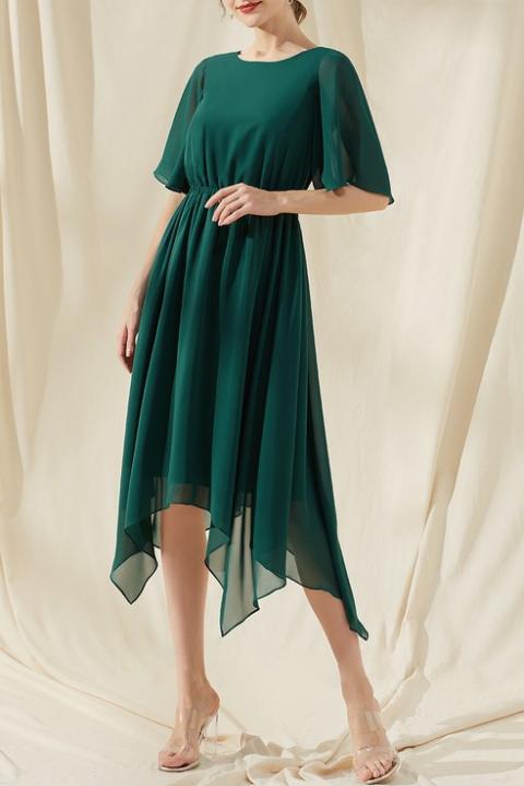 Midi haljina asimetrične dužine, tamno zelena