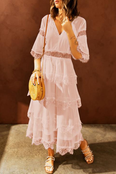 Elegantna midi haljina s prozirnim čipkastim umetcima Tiziana, ružičasta