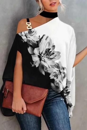 Elegantna široka bluza s printom, crno/bijela