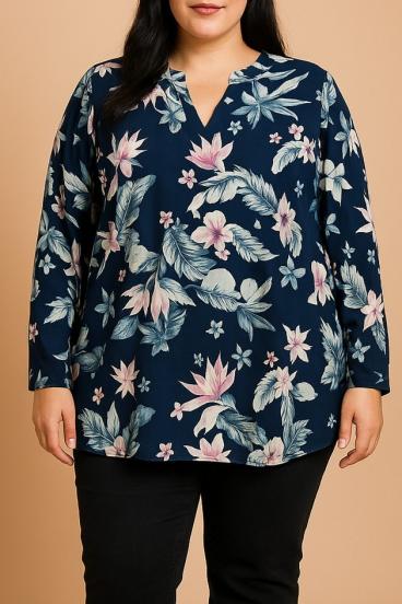 Plus size bluza s cvjetnim printom, tamnoplava
