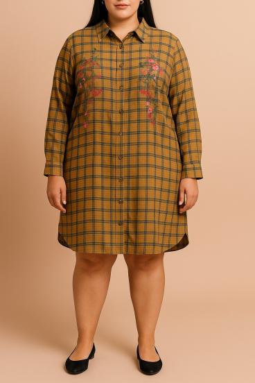 Plus size košulja s kariranim printom, smeđa