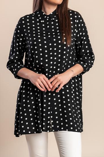 Duga bluza plus veličine s printom točkica, crna