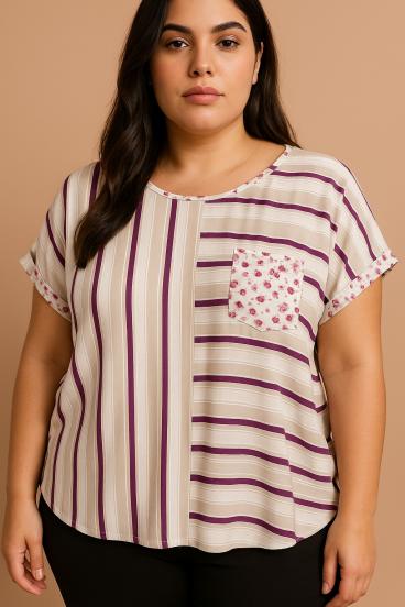 Plus size top s prugastim printom, bež