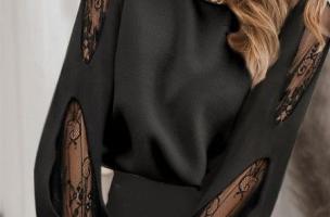 Elegantna bluza dugih rukava s čipkastim detaljima i okruglim ovratnikom Senternada, crna