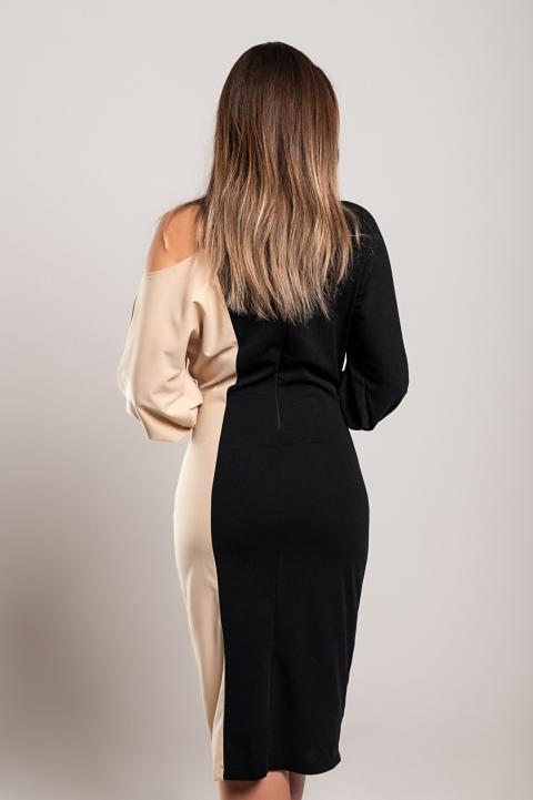 Elegantna midi haljina s uzorkom, crno-krem