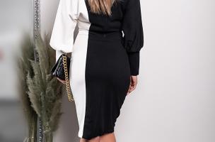Elegantna midi haljina s uzorkom, crno-bijela