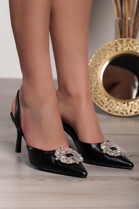 Cipele na visoku petu s ukrasnim brošem, crne