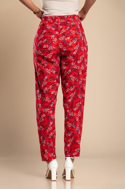 Duge pamučne hlače s cvjetnim uzorkom, crvene